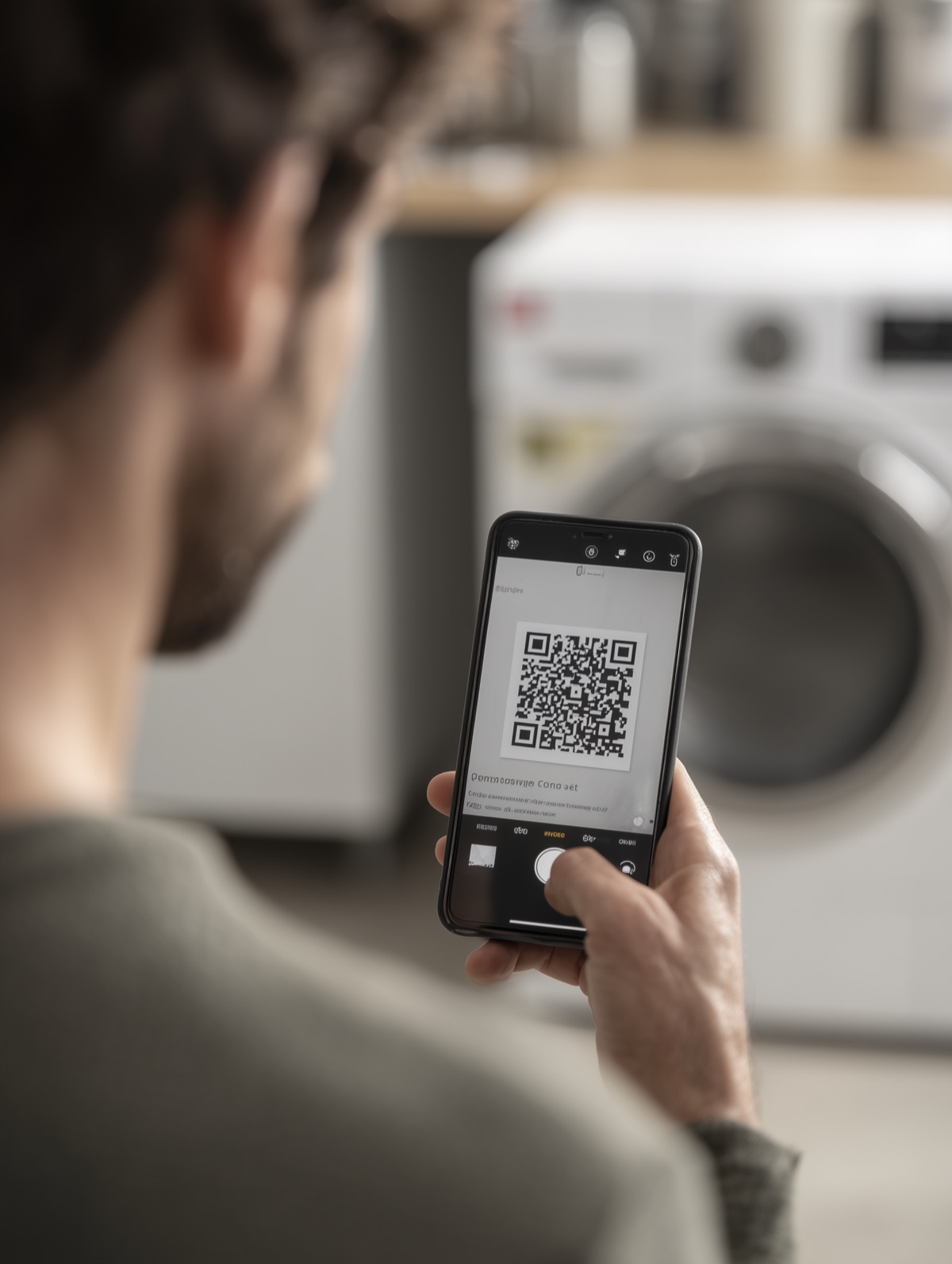 Operator scanning a product QR code with a smartphone